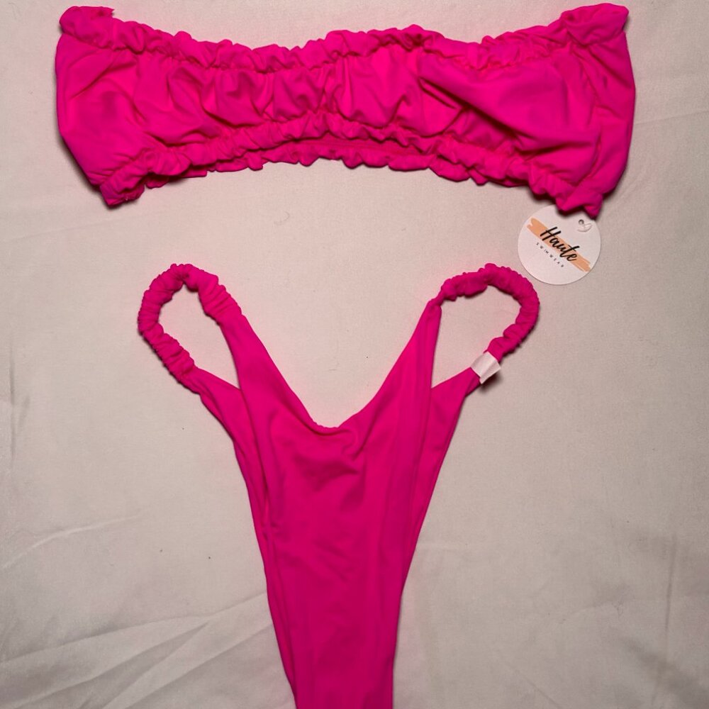 Haute Swimwear Hot Pink Ruched Bandeau Bikini